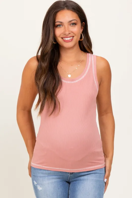 Pink Ribbed Contrast Stitch Maternity Tank Top sold by Pinkblush