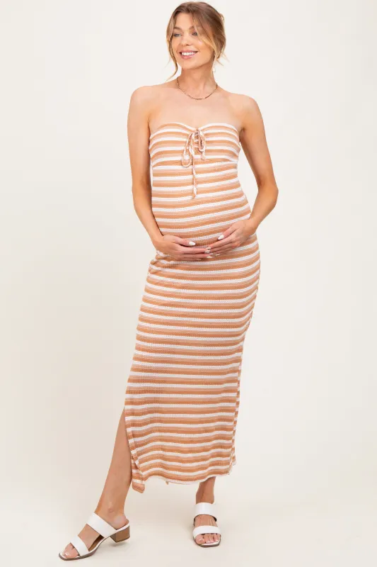Camel Striped Knit Strapless Side Slit Maternity Maxi Dress sold by Pinkblush