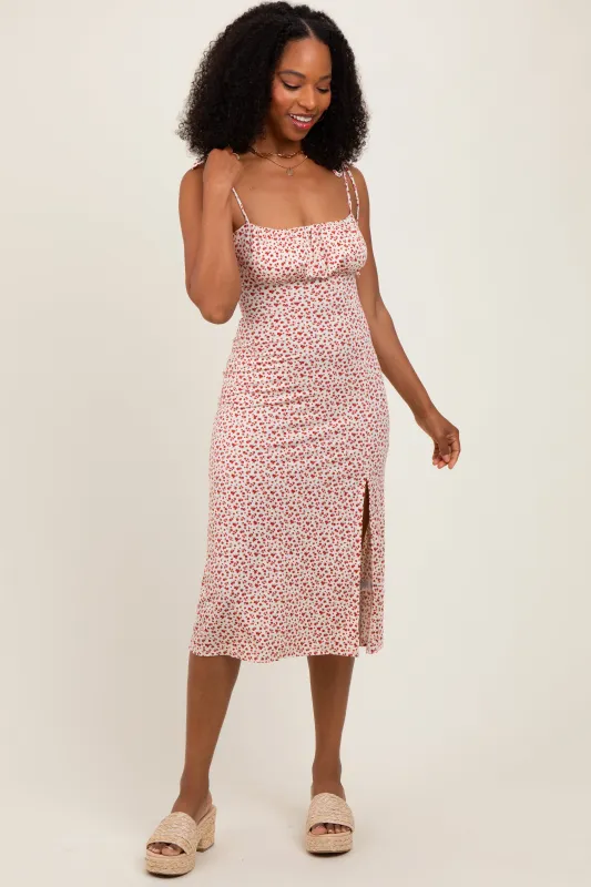 Red Printed Shoulder Tie Midi Dress sold by Pinkblush