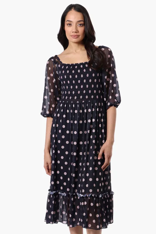 Costa Blanca Polka Dot Tiered Sheer Sleeve Midi Dress - Navy sold by Fairweather