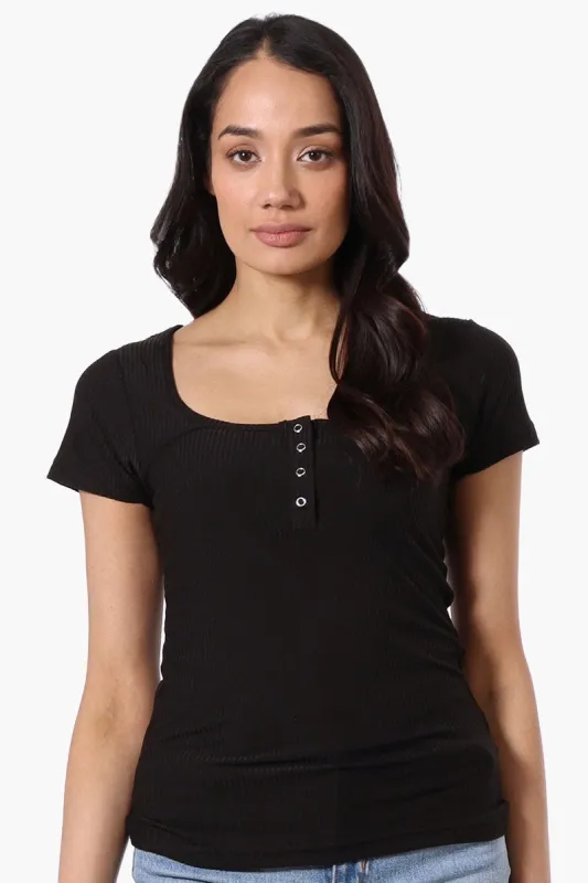 Costa Blanca Ribbed Square Neck Henley Tee - Black sold by Fairweather
