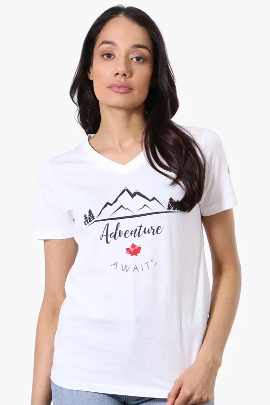 Canada Weather Gear Adventure Awaits Print Tee - White sold by Fairweather