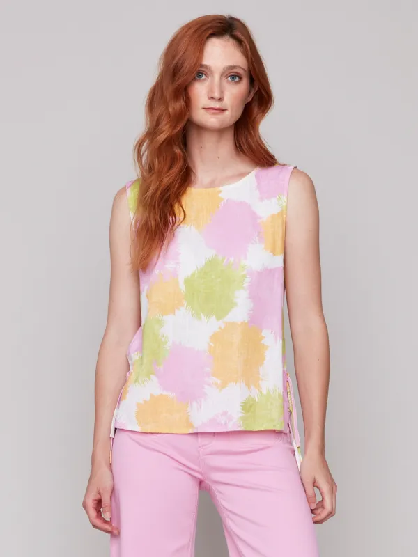 Printed Sleeveless Linen Blend Top with Side Ties - Splatter sold by Charlie B