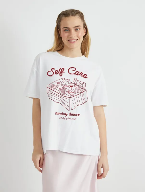 Self Care Sunday Dinner T-Shirt in Ecru sold by Skinnydip London