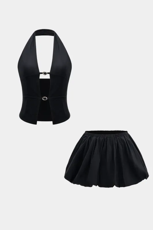 V-hals halter udskåret metallisk indretningstank top og ruched nederdel sæt sold by Micas