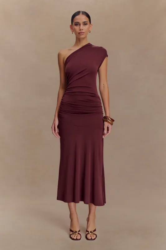 Chloe Peached Jersey One Shoulder Midi Dress - Mahogany sold by Meshki