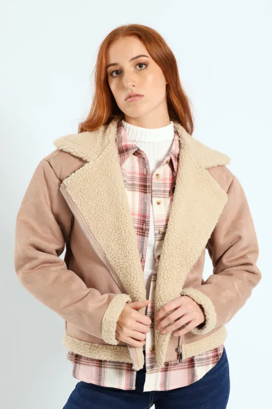 Suede Contrast Sherpa Lined Aviator Jacket - Stone sold by Edgars