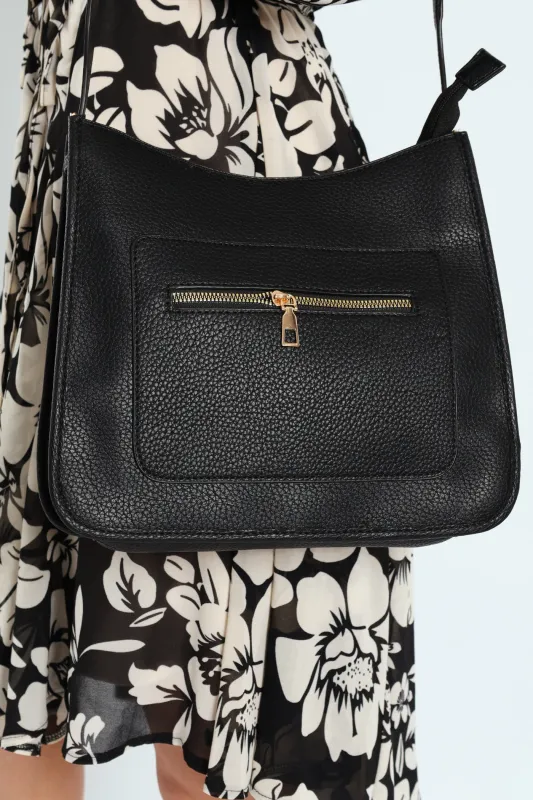 Front Zip Pocket Webbing Strap Crossbody Bag - Black sold by Edgars