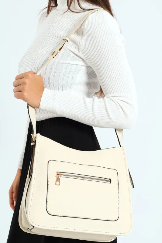 Front Zip Pocket Webbing Strap Crossbody Bag - Cream sold by Edgars