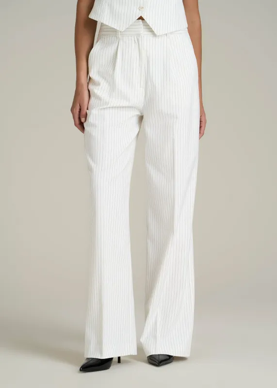 High-Rise Wide-Leg Pleated Dress Pants for Tall Women in Off White Pinstripe sold by American Tall