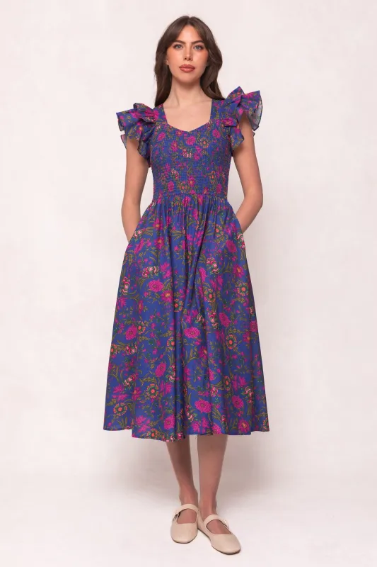 Hattie Dress in Blue Multicolor Floral sold by Ivy City Co