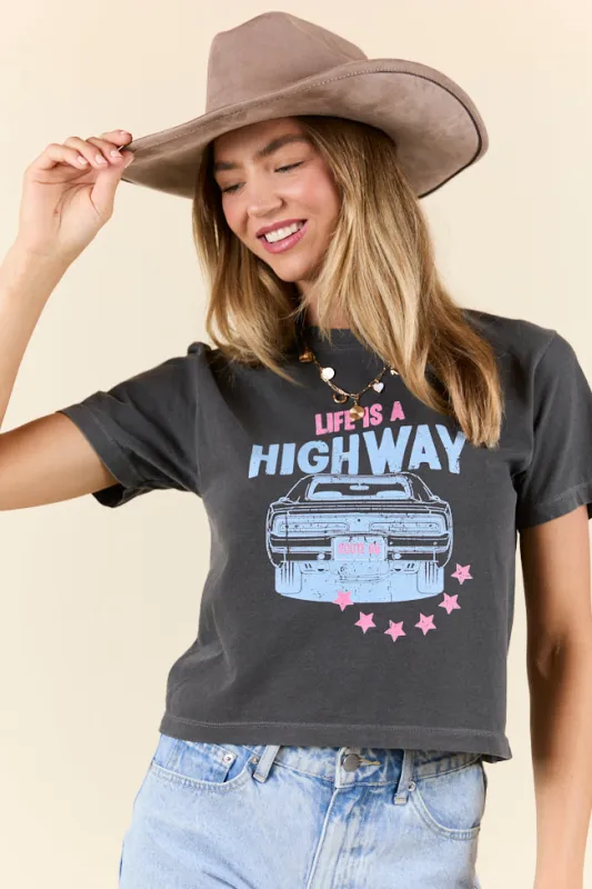 Life Is A Highway Grey Boxy Graphic Tee sold by Pink Lily