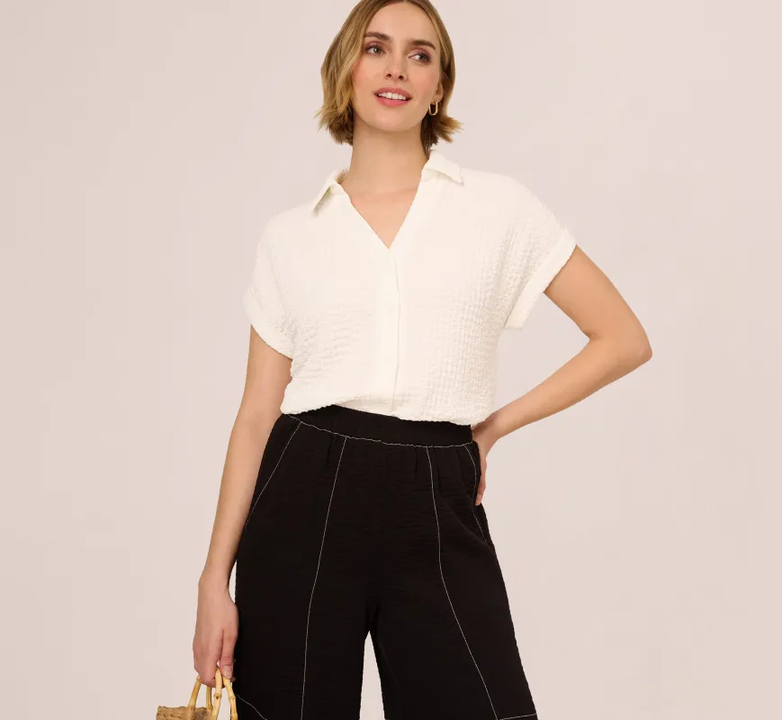 Cap Sleeve Semisheer Textured Button Front Top In Ivory sold by Adrianna Papell