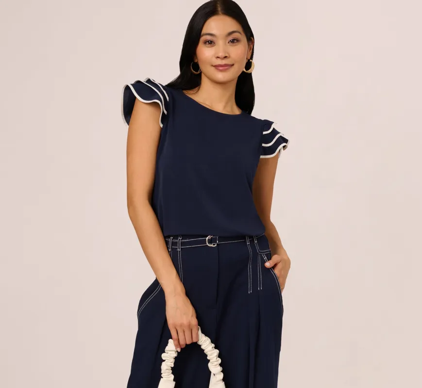 Ruffle Sleeve Contrast Trim Top In Blue Moon Ivory sold by Adrianna Papell