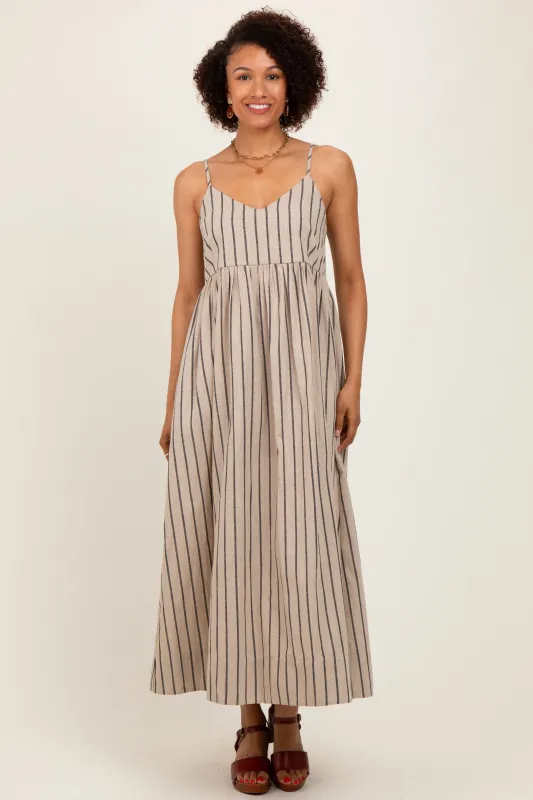Beige Striped Linen Blend Maxi Dress sold by Pinkblush