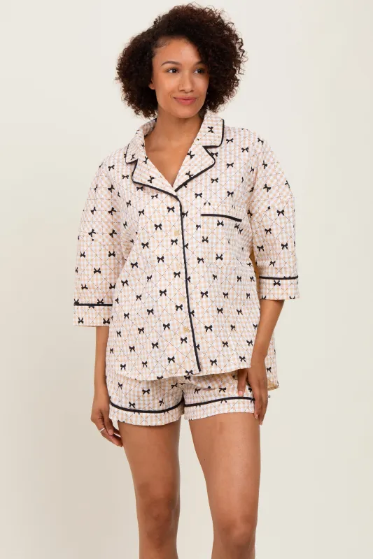 Cream Bow Print Gingham Pajama Short Set sold by Pinkblush