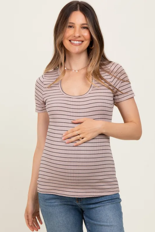 Mocha Ribbed Striped Short Sleeve Maternity Top sold by Pinkblush