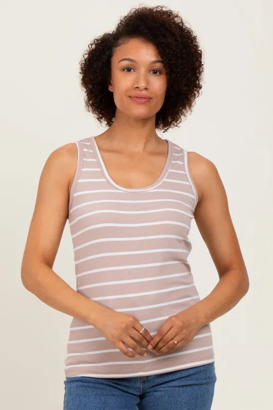 Light Taupe Striped Ribbed Fitted Tank Top sold by Pinkblush