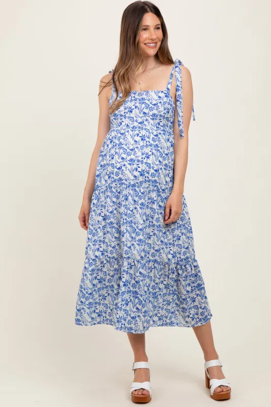 Blue Multi Floral Tie Strap Maternity Maxi Dress sold by Pinkblush