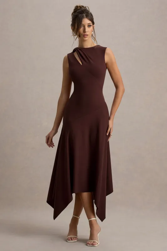 Francesca | Brown Knotted Midi Dress With Handkerchief Hem sold by Club L London