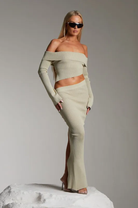 OFF SHOULDER ASYMMETRIC RIBBED TOP IN SAGE sold by murci