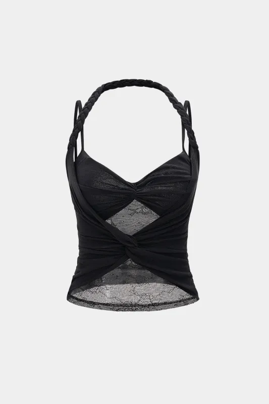 Blonder Sheer Twist Knot Ruched Flettet Slip Cami Top sold by Micas