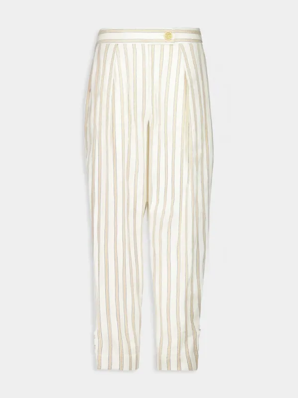 Cream Gold Stripe Illuminate Linen-Blend Trousers sold by Fashion Clinic