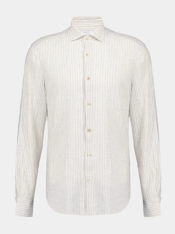 White & Beige Striped Cotton-Linen Shirt sold by Fashion Clinic