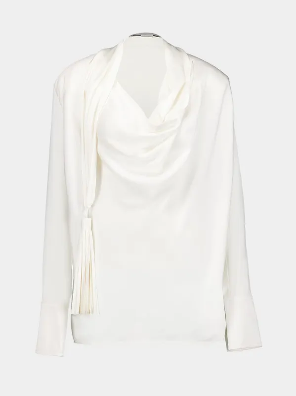 White Tasseled Draped Silk Blouse sold by Fashion Clinic