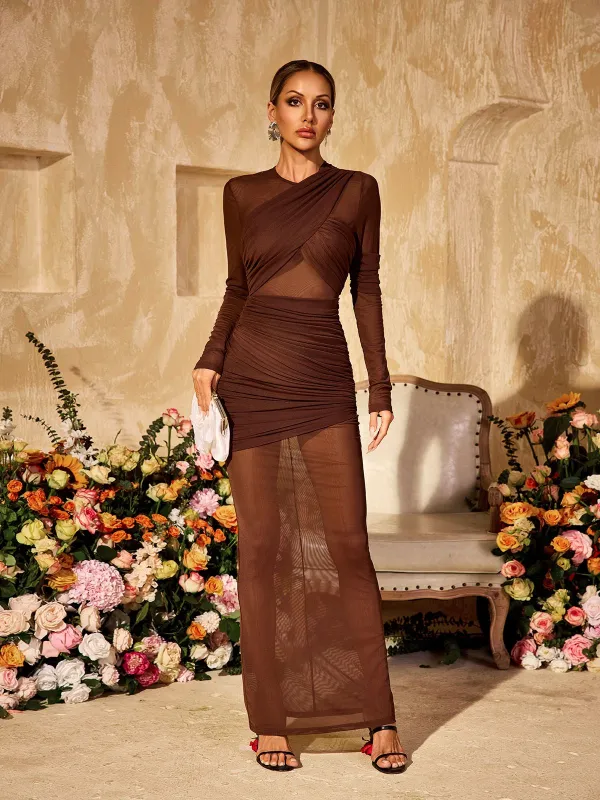 Alkas Long Sleeve Ruched Mesh Maxi Dress In Coffee sold by Mew Mews