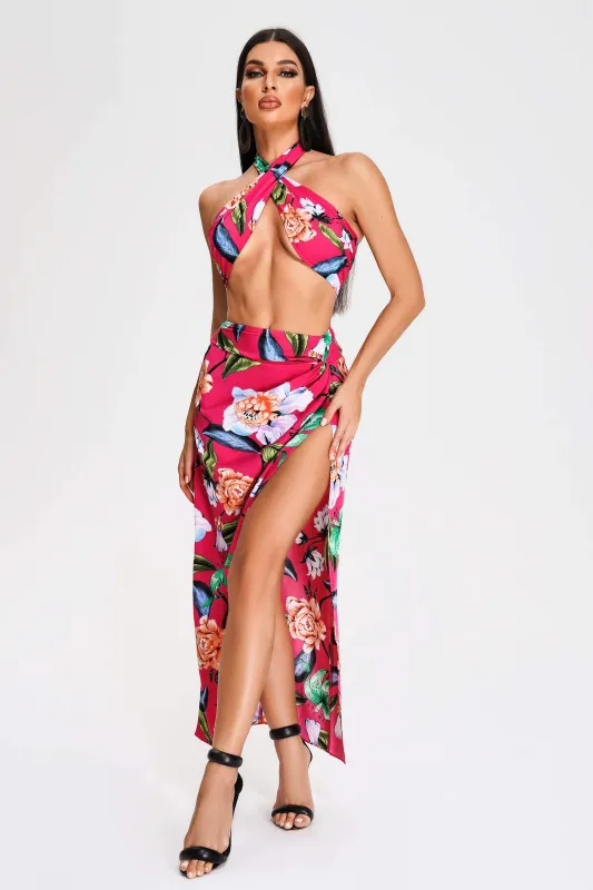 Rakara Floral Halter Slit Maxi Dress, M sold by Bella Barnett