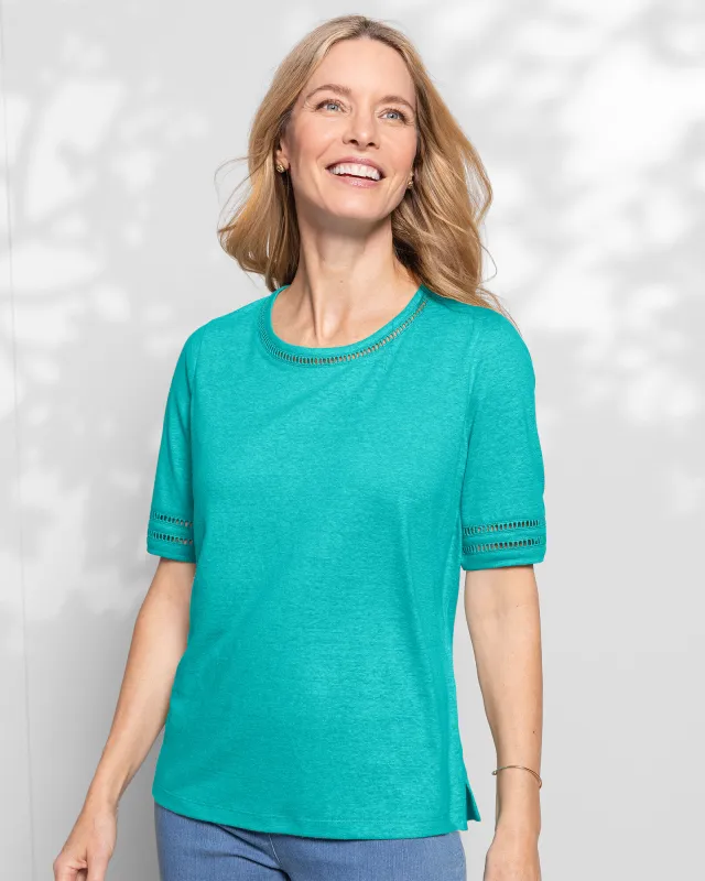 Appleseeds Women's Linen-Blend Elbow-Sleeve Tee - Blue - PS - Petite sold by Buff