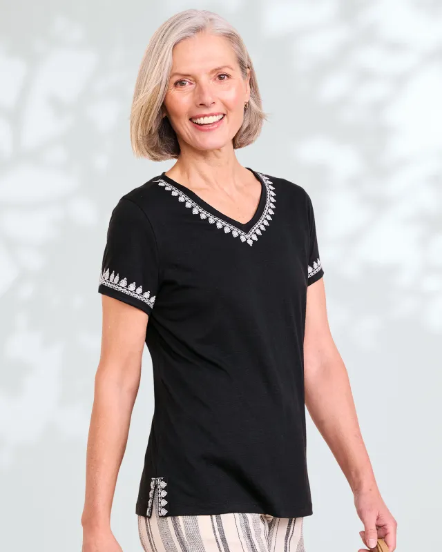 Appleseeds Women's Linen-Blend Embroidered Tee - Multi - M - Misses sold by Buff