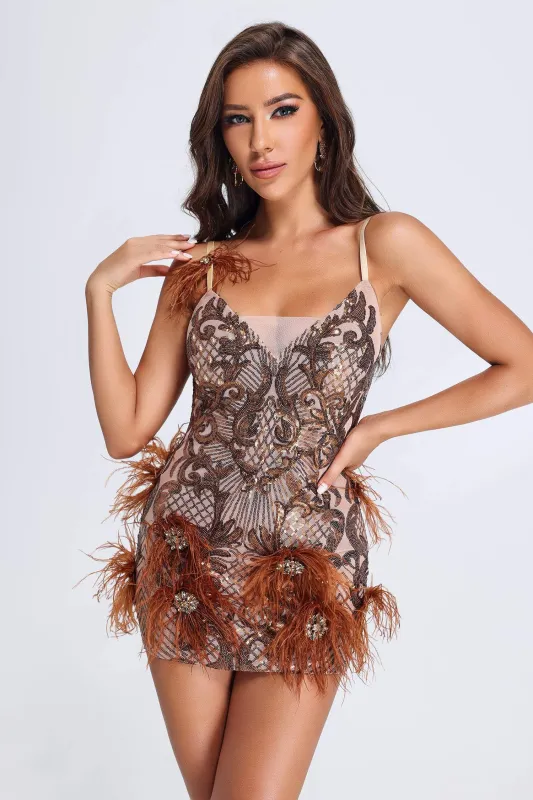 Chloie Feather Mini Dress - Brown, M sold by Bella Barnett
