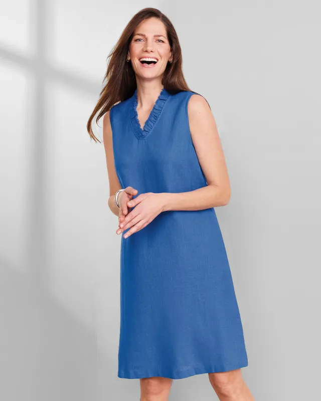 Appleseeds Women's Linen-Blend Ruffle-Neck Dress - Blue - XL - Misses sold by Buff