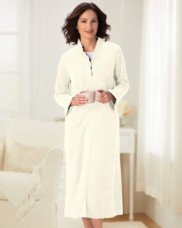 Appleseeds Women's Velour Ruffle-Trim Zip Robe - White - PL - Petite sold by Buff