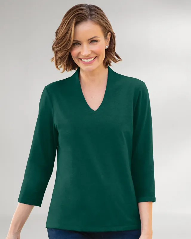 Appleseeds Women's Prima™ Cotton Solid Narrow-V Tee - Green - M - Misses sold by Buff