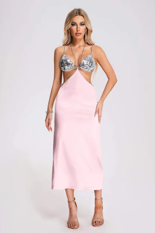 Phillisa Chain Halterneck Maxi Dress - Pink, M sold by Bella Barnett