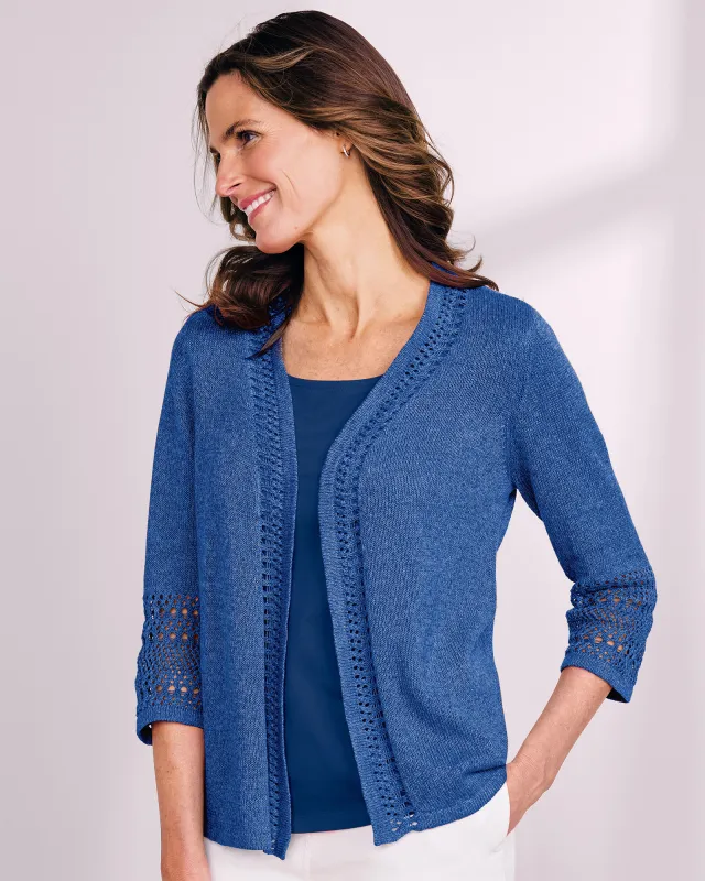 Appleseeds Women's Linen/Cotton Crochet-Trim Cardigan  - Multi - M - Misses sold by Buff