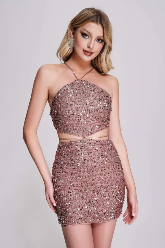 Sliya Halter Sequin Mini Dress, S sold by Bella Barnett