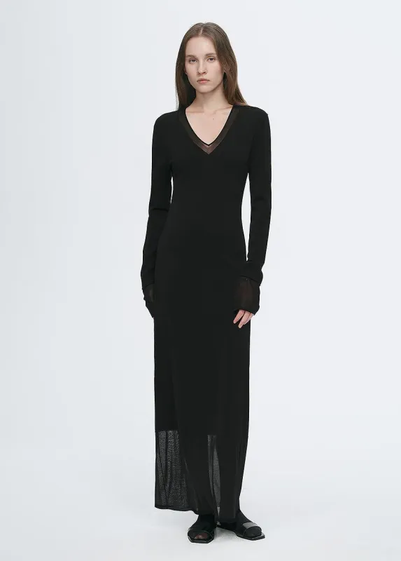 Elegant and intellectual triacetate Tencel blended skin-friendly transparent splicing design V-neck dress sold by Firelady Fur