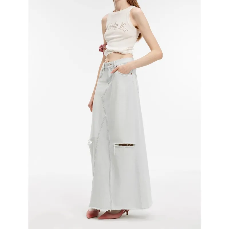 "Walden Pond" Turkish Imported Wash-faded Distressed Hole Denim A-line Skirt sold by Firelady Fur