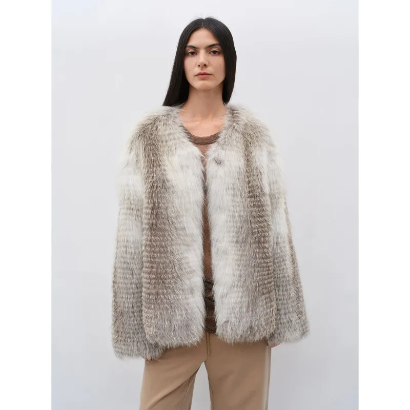 Womens Fox Fur Patterned Jacket with Stylish Hood and Cuffs