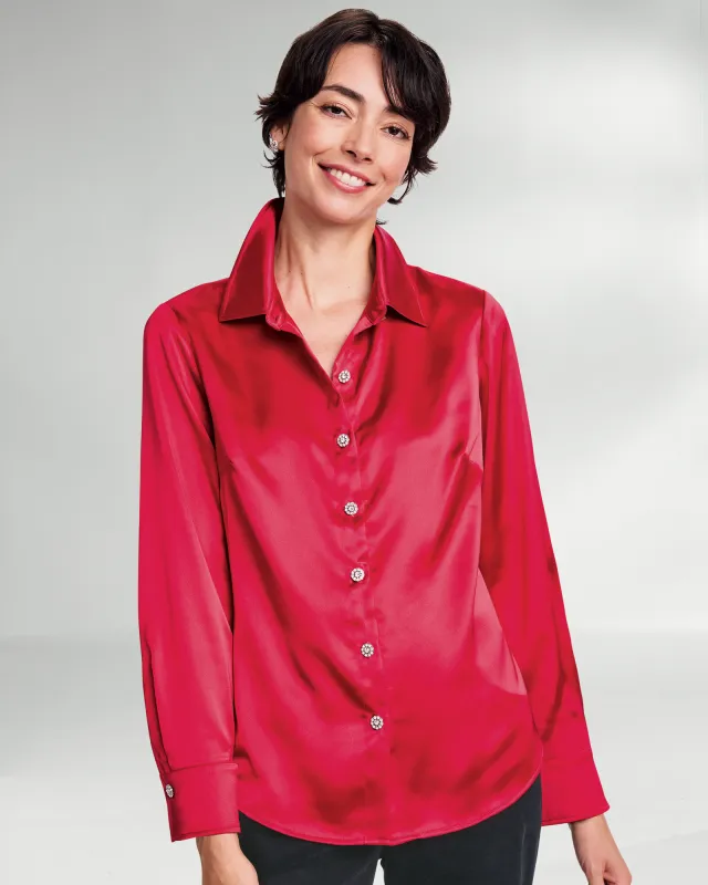 Appleseeds Women's Jewel-Button Satin Blouse - Red - PM - Petite sold by Buff