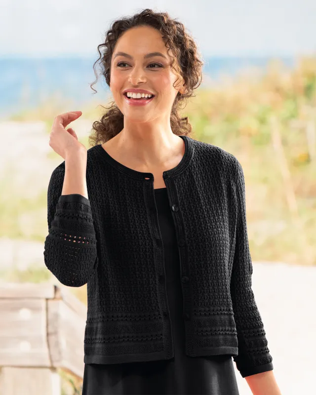 Appleseeds Women's Mixed-Stitch Crochet Cardigan - Black - PM - Petite sold by Buff