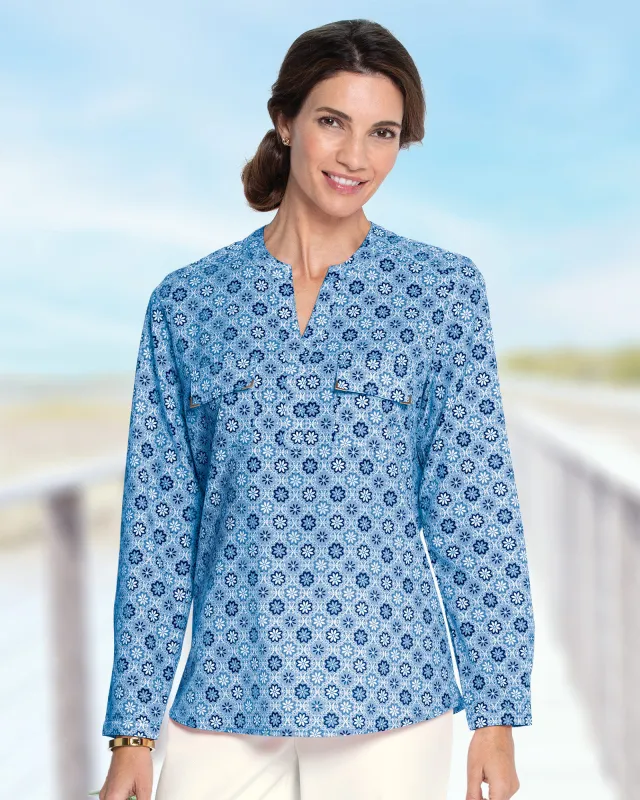 Appleseeds Women's Silky Print Long-Sleeve Utility Blouse - Blue - 2X - Womens Plus sold by Buff