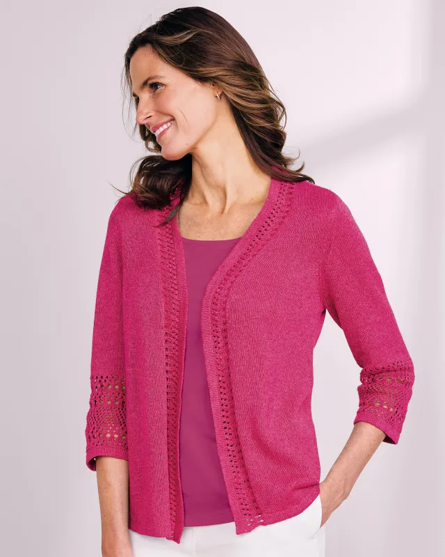 Appleseeds Women's Linen/Cotton Crochet-Trim Cardigan  - Pink - S - Misses sold by Buff