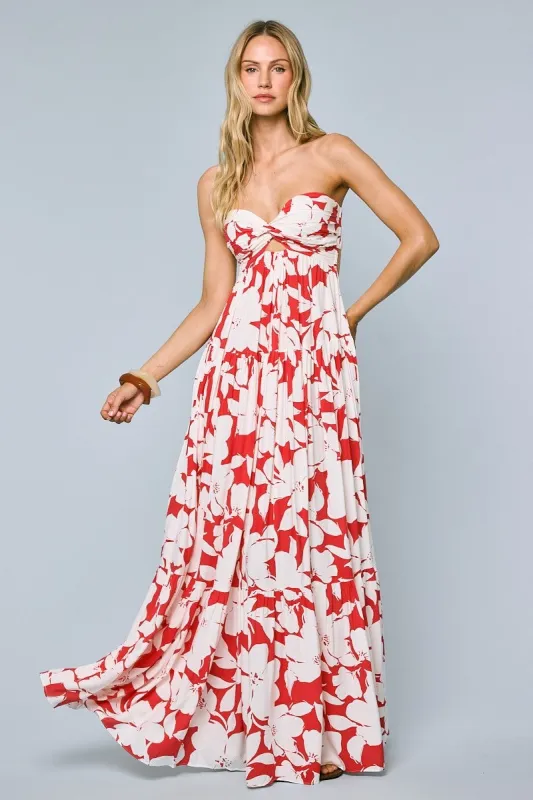 Red Floral Strapless Cutout Back Maxi Dress sold by Pinkblush