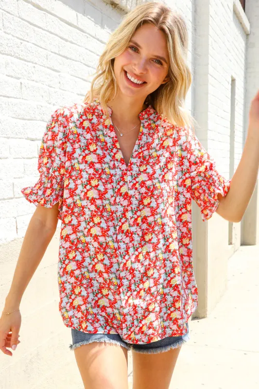 Elegant You Ruby Notched Neck Floral Smocked Sleeve Blouse sold by Charming Charlie