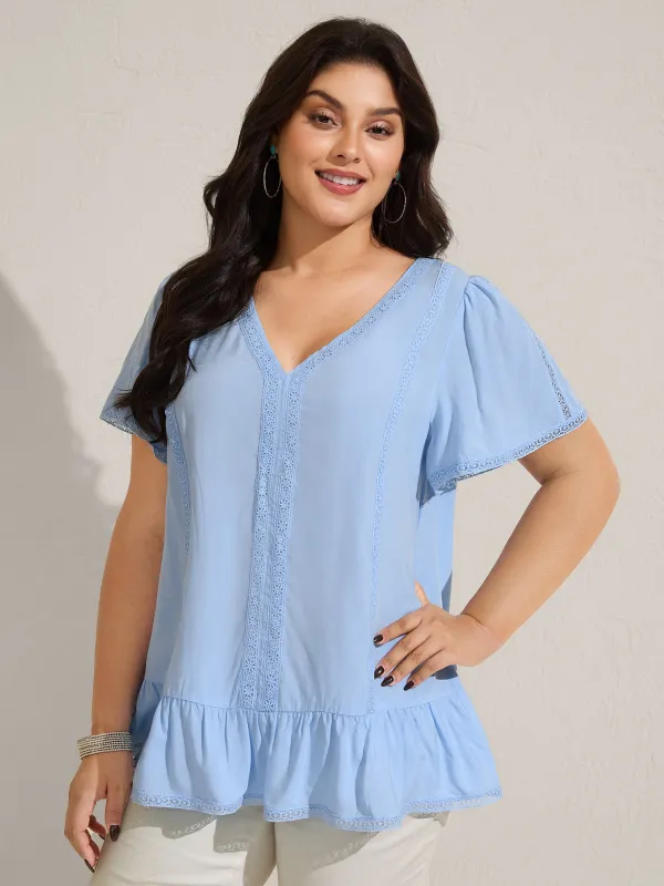Rayon Lace Trim Spliced Blouse sold by Bloomchic